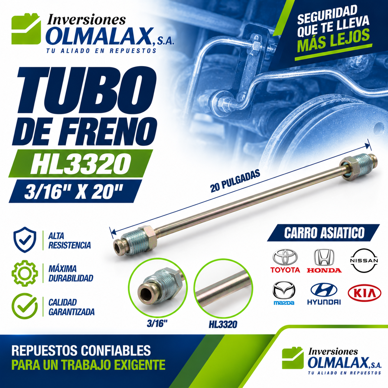 TUBO DE FRENO HL3320 3/16 DE 20 PULGADAS CARRO ASIATICO