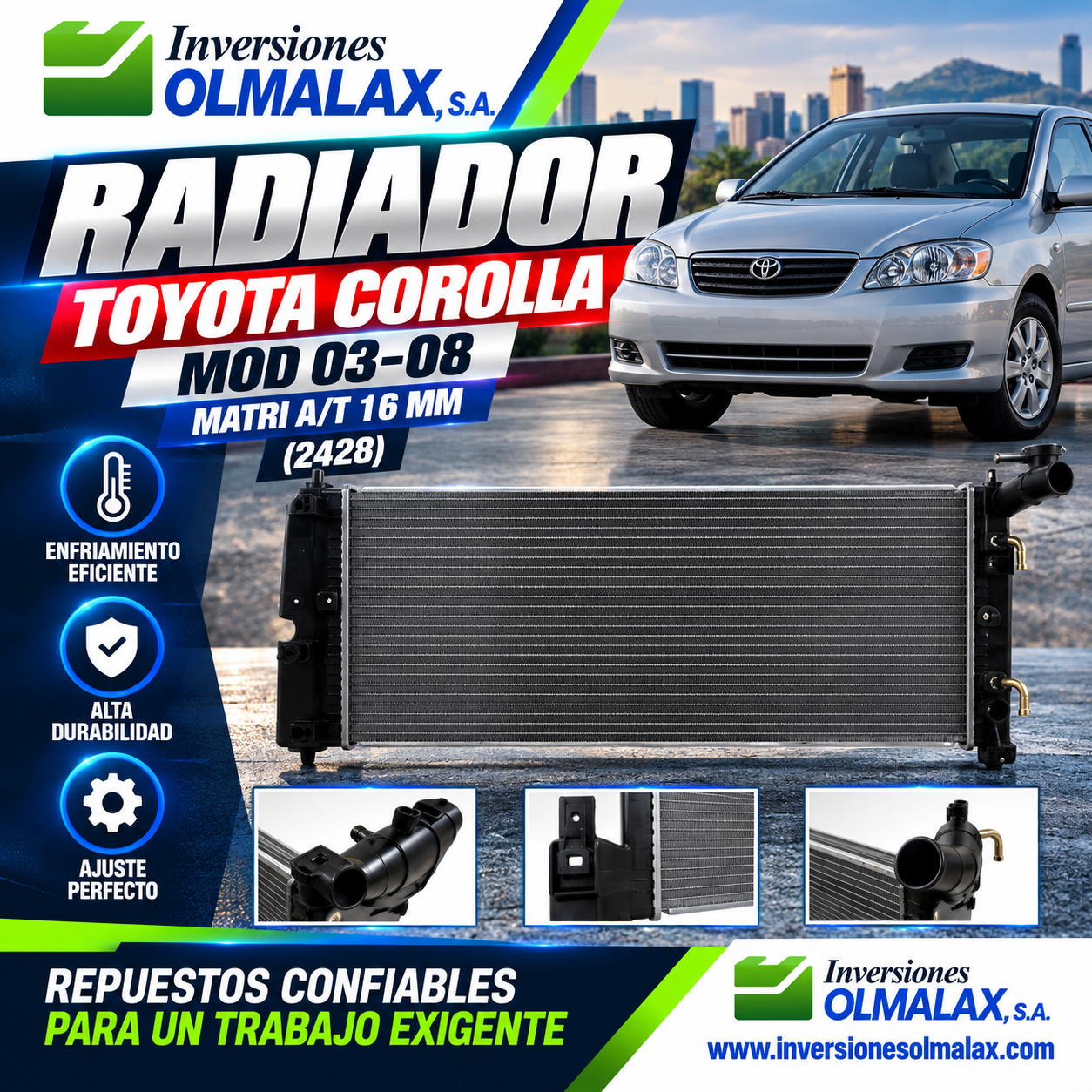 RADIADOR TOYOTA COROLLA 03-080 MATRI A/T 16 MM (2428)