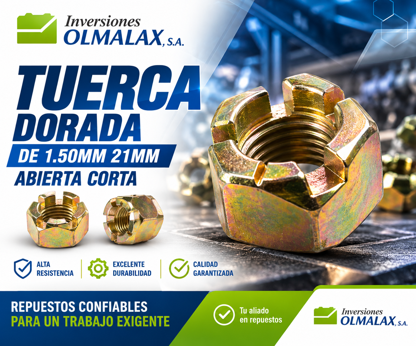 TUERCA DORADA DE 1.50MM 21MM ABIERTA CORTA