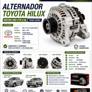 ALTERNADOR TOYOTA HILUX  MOTOR 2KD-FTV 2.5L TURBO DIÉSEL  MODELOS 2005 – 2015  TOYOTA FORTUNER  MOTO